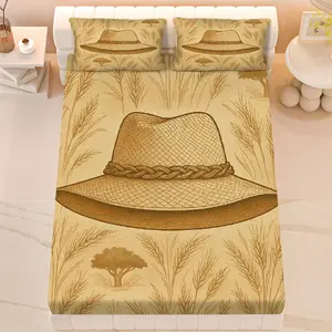 3Pcs Rustic Nature Hat Fitted sheet Three Piece Set (1*Fitted Sheet+2*Pillowcases, Coreless), Summer theme, Vintage Straw Hat Bedding Set, Mattress protector Soft, Breathable