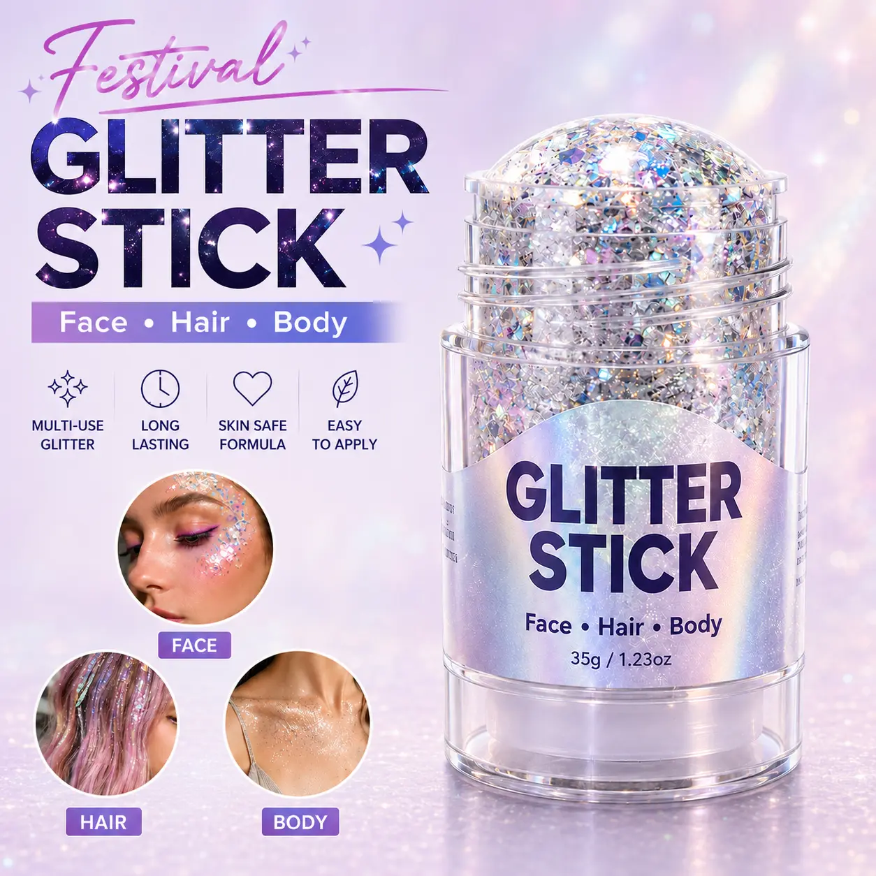 Glitter Stick / Face Body Hair / Red White Blue / 4th of July / Patriotic Party / Festival / Parade / Carnival / Long Lasting Shine