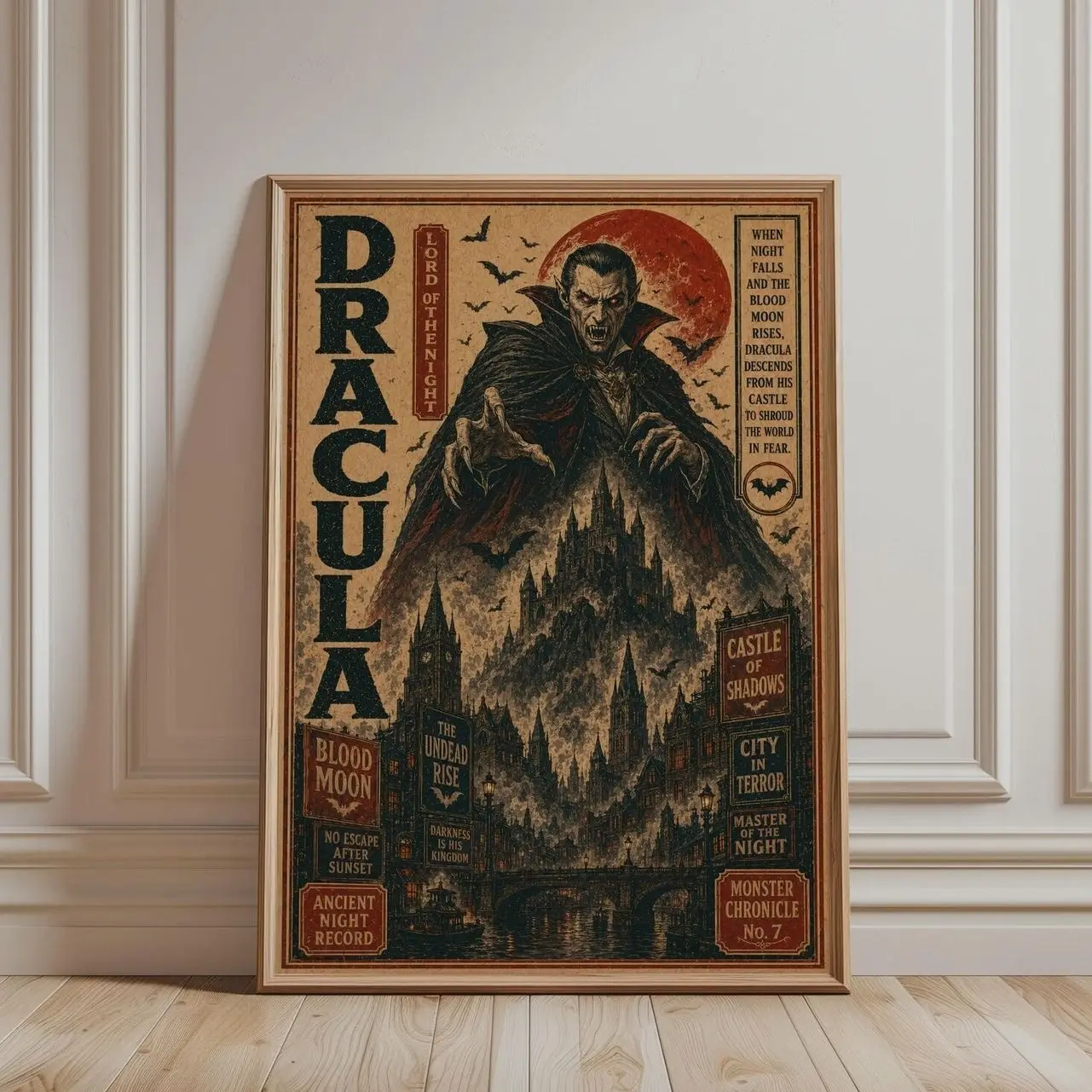 Dracula Wall Art - Vintage Halloween Art Print, Gothic Vampire Monster Art, Dark Academia Home Decor | Frameless Poster P