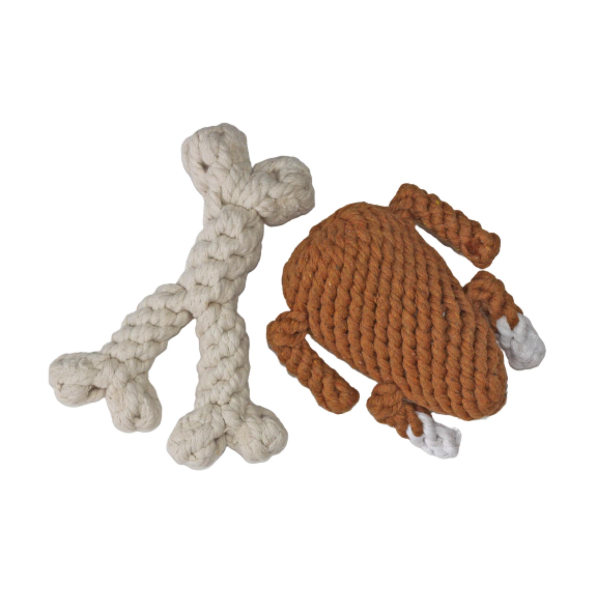 Midlee Thanksgiving Meal Rope Dog Toy Set - Turkey Leg & Wishbone Festive Chew Dental Toys for All Sizes Premium Cotton