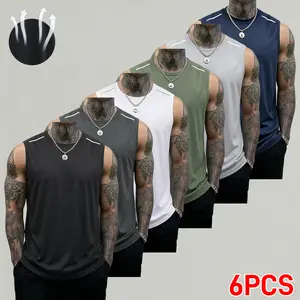 6PCS – Solid Color Men’s Sports Tank Tops for Gym, Quick Dry, Breathable, Sweat-Wicking, Crew Neck Design, Sport Casual, Running, Training, Outdoor Activities, Everyday Wear, Skin-Friendly and Soft