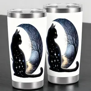 "Starry Black Cat & Moon" Mystical Design 20oz Stainless Steel Cup, Tumbler, Thermos Cup with Lid ,Reusable Drinking Cup, High-Quality Water Bottle for Iced Coffee, Beer, Juice, Milk, Cold Drinks, Fashionable, Gift for Coffee Lovers, Friend, Family