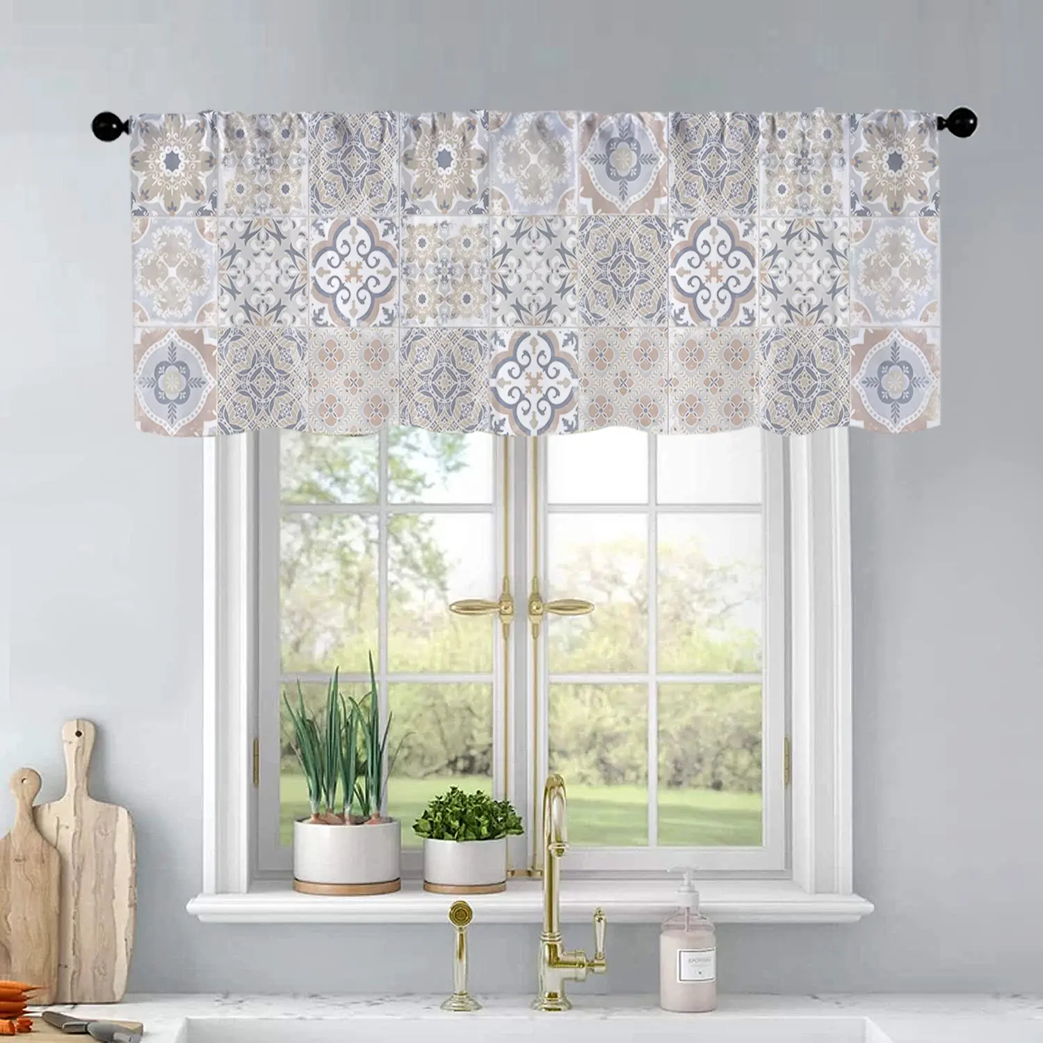 1 pc Blue Bohemian Print Background Printed Kitchen Curtains Valance Living Room Bedrooms Bathrooms Home Decor 54x18 Inch