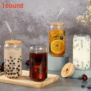 Glass Cups with Lids and Straws, Mason Jar Drinking Glasses, Ice Coffee Cup, Durable Glass Cup, Bamboo Lids, Reusable Straws, Perfect for Restaurants and Hotels