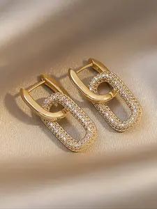 Geometric Double Hoop Earrings, Elegant Minimalist Versatile Earrings for Women, Copper Color & Cubic Zirconia Dangle Design, Lightweight Jewelry for Parties & Daily Wear