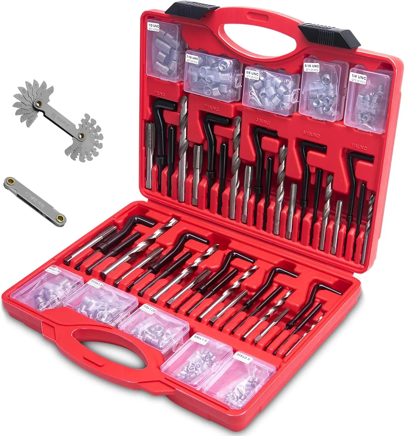 Helicoil Thread Repair Kit 262 count Metric & SAE Helicoil Repair Kit Includes M5 M6 M8 M10 M12 1/4" 5/16" 3/8" 7/16" 1/2" Kit with Thread Gauge