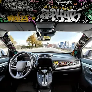 Black Fashion Graffiti Style Car Interior Decals - Self-Adhesive Polyester Stickers for Front Pillars & Roof, Matte Finish Rectangular Design, Perfect for Car Modification Enthusiasts, Car Decals, Vehicle Customization, Graffiti Style Decoration, Easyinst