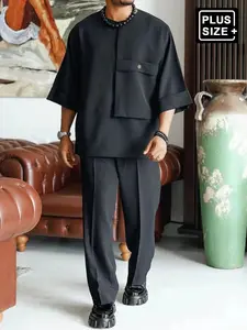 Plus Size Black Round Neck Men's Pants Set, Solid Color Shirt And Pants 2 Pcs/Set, Elastic Waist Pants, African Clothing, Casual Shirt And Pants Set, Party, Date, Everyday Wear, Cultural Events