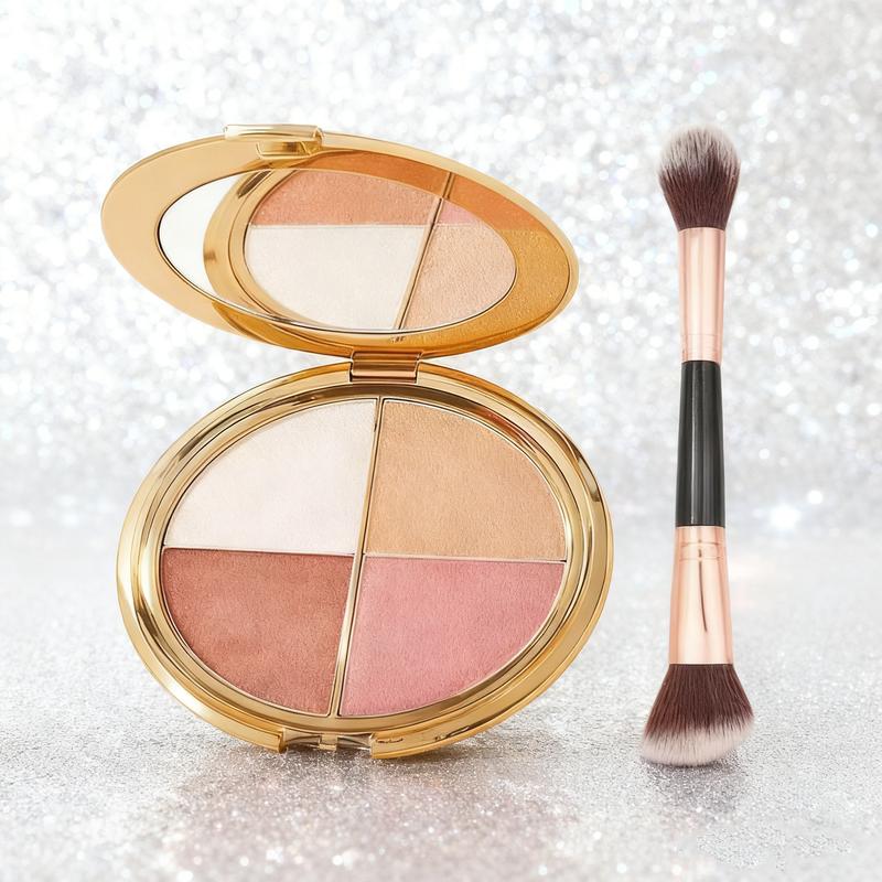 Glowjiu 4-in-1 Glow Palette & Brush SetMulti-Use Highlighter Blush EyeshadowforEffortless Radiance Long-lasting makeup that doesn't come off