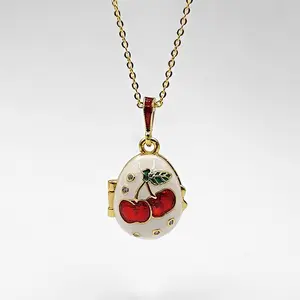 Aesthetic Red Cherry Egg Necklace, Openable Locket with Dangling Gold Tone Bear Inside, Secret Charm Pendant, Gold Tone Copper Jewelry, Lovely Gift for Her, Chain & Link
