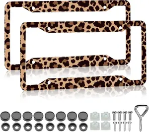 Leopard Print License Plate Frame - 2 Pack  Brown Leopard  Print Tags Frames Holder Covers,  Decorative Tag Frames for Standard   License Plate Holder 4 Holes 12x6 Inch