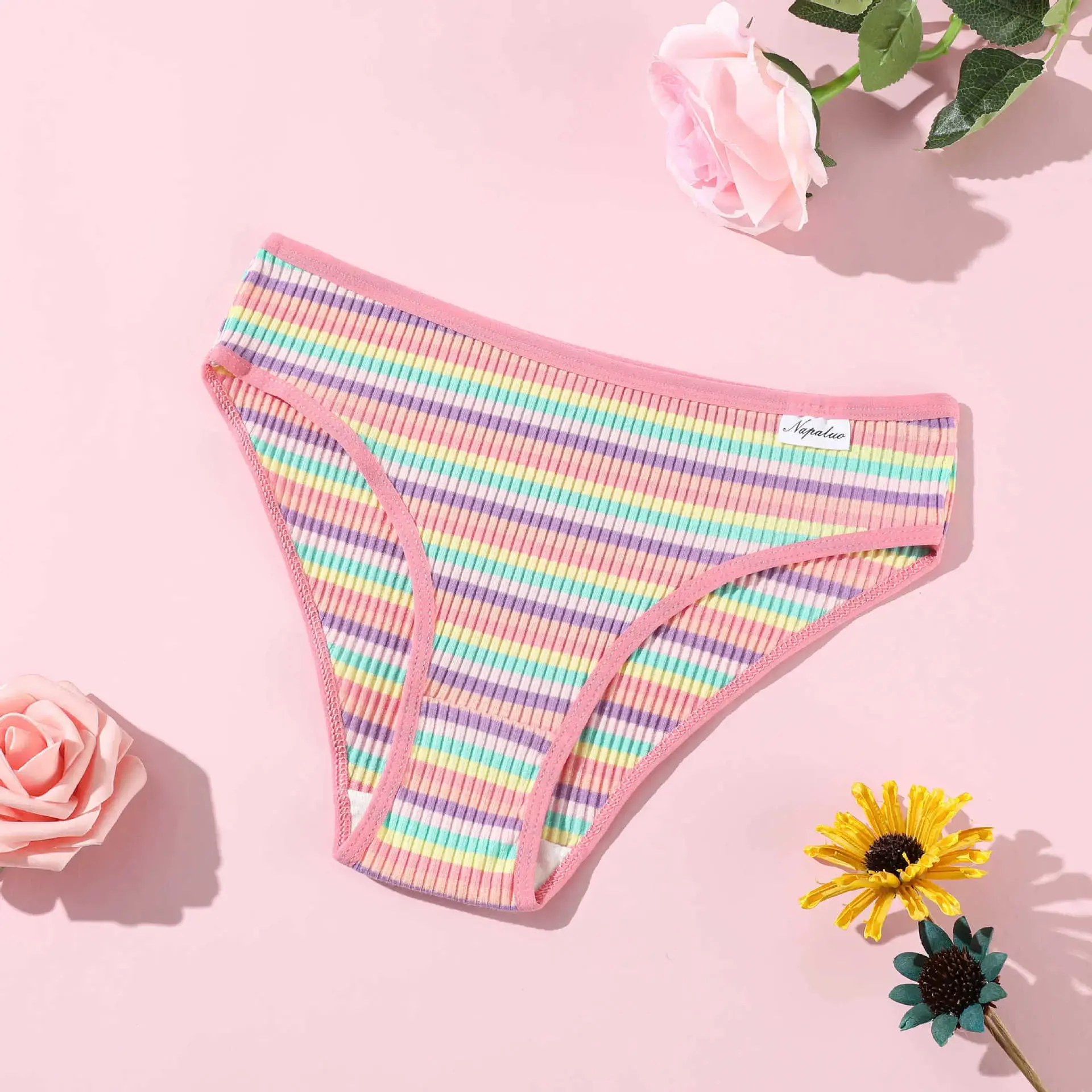 7pcs Colorful Ribbed Cotton Bikini Panties Low Waist Double Layer Breathable Crotch Tummy Control Soft Stretch Teen Ladies Intimates Comfort Everyday Casual Daily Underwear All Season Essential Briefs