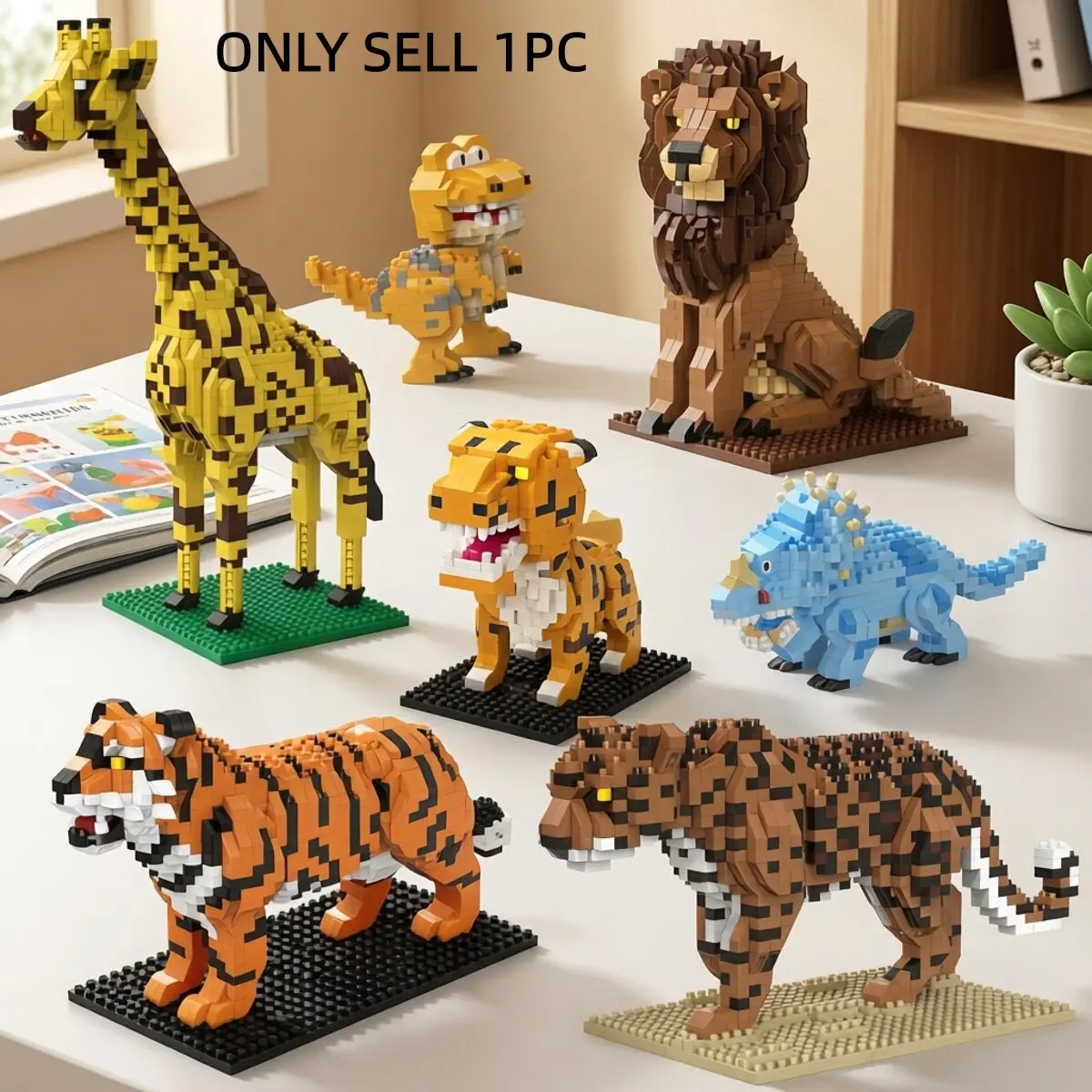 800+pcs Animal Series Mini Building Blocks Set, Tiger Lion Giraffe Dinosaur Models, Desktop Decor, Stress Relief Toy, Halloween Christmas Birthday Gift, Creative Building Blocks, Building Block Sets