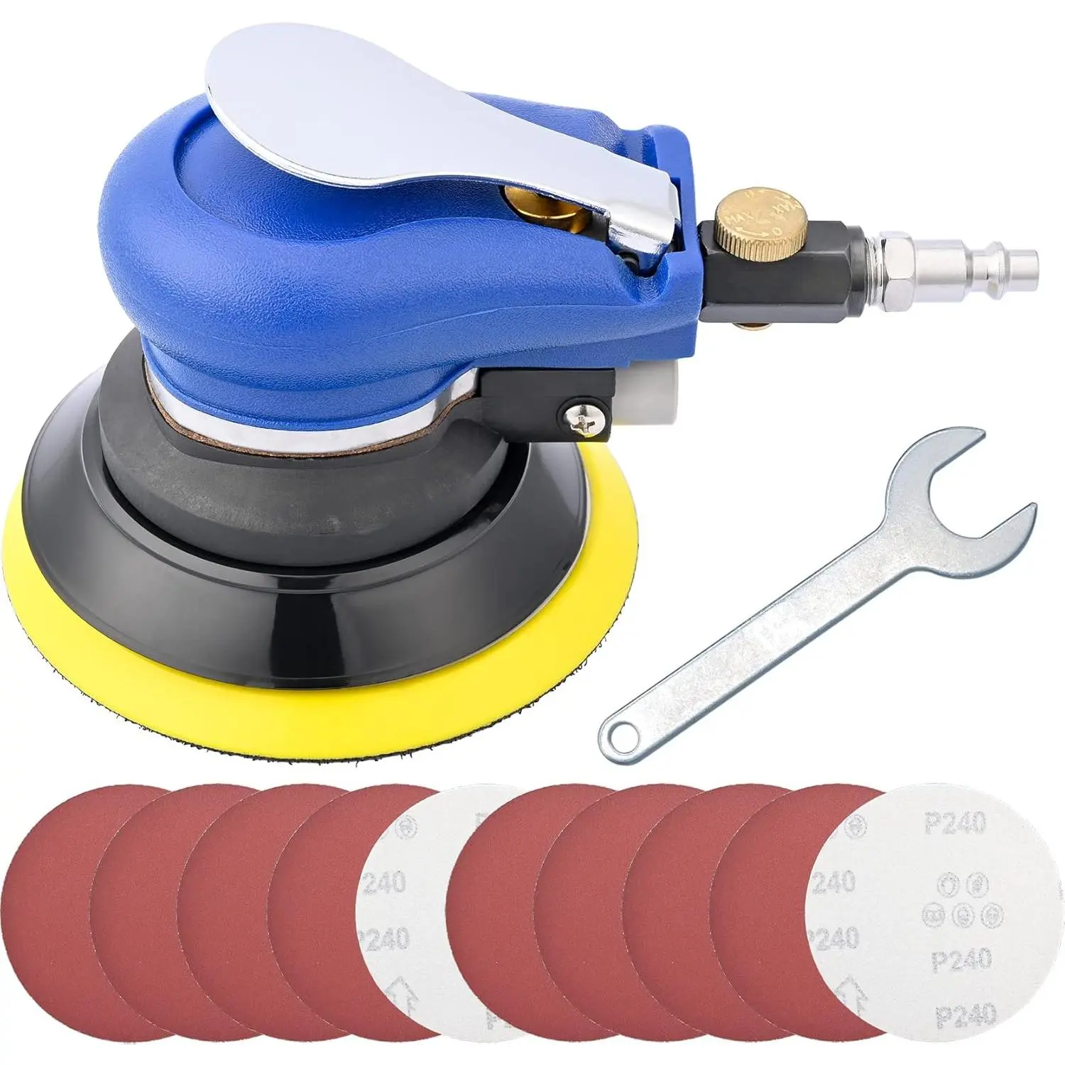 Heavy Duty 5-Inch Pneumatic Palm Air Random Orbital Sander Tool, 10-Count Sandpapers, Durability & Efficiency for Auto Work