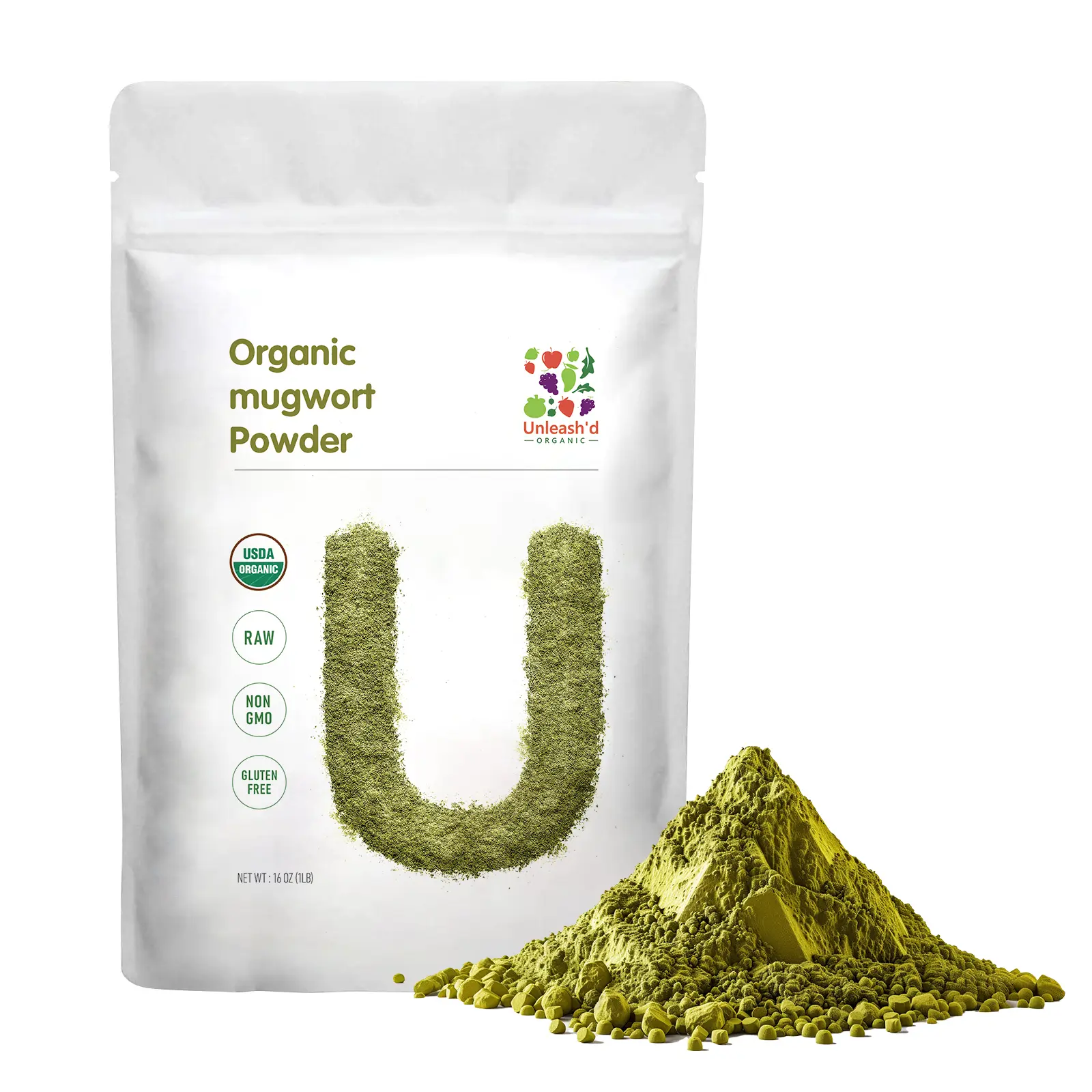 Organic Mugwort Powder 16 oz Unleash'd Organic 100 % Pure and Organic Green Superfood Promotes Qi