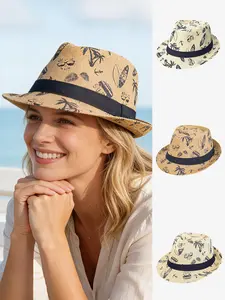 Unisex Hawaiian Leaf Print Baker Boy Hat, Fashionable Panama Hat for Summer Beach Vacations, Casual Slim-Fit All-Season Accessory