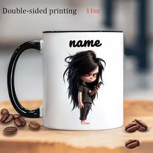 Personalized Moody Girl Mug, Custom Name Black Hair Girl with Phone Ceramic Coffee Cup, Funny Introvert Gift for Teen Girls, Daughter, Sister, Best Friend & Coworker, Birthday Gift