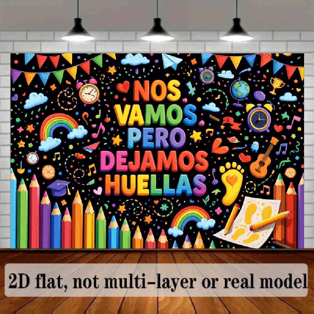 1PC,2D Flat Backdrop Spanish Graduation Theme Decorative Backdrop, Kindergarten Primary School Graduation Party Photo Background, Colorful Pencil Rainbow Element Party Decoration Backdrop