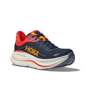 Deep Navy Breathable Engineered Mesh Low Top Road Running Sneakers Bright Red Ankle Collar & Orange Logo Ultra Thick Cushioned White Midsole Anti-Slip Outdoor Marathon Shoes For Men Women