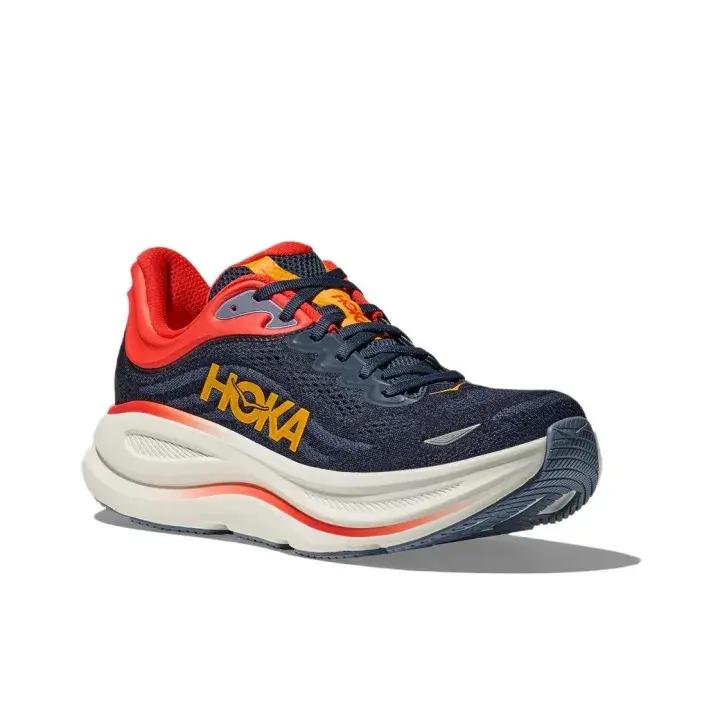 Deep Navy Breathable Engineered Mesh Low Top Road Running Sneakers Bright Red Ankle Collar & Orange Logo Ultra Thick Cushioned White Midsole Anti-Slip Outdoor Marathon Shoes For Men Women