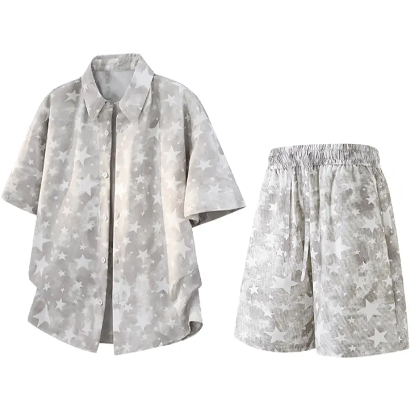 Men's 2-Piece Casual Matching Set, Summer All-Over Star Print Collared Short-Sleeve Shirt & Elastic-Waist Shorts, Lightweight Breathable Outfit for Everyday Wear, Holiday Trips #SummerVibes Classic Menswear