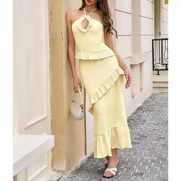 Women's Boho Halter-Style Backless Casual Embellished Maxi Dress - Sleeveless, Ruffled Fabric, Front Cutouts, Tassel Accents, for Summer Party, Club Events | Womens Dresses, Embellished Dress