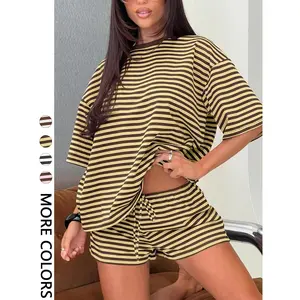 Elegant 2 Spring Summer Striped Print Piece Outfit Women Womenswear Oversized T-Shirt Drawstring Shorts Soft Casual Lounge Set Y2K Clean Girl Style for Daily Home Vacation Wear, Coord Set