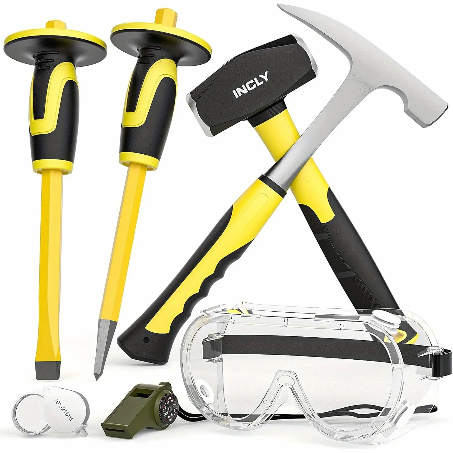 7pcs Geology Rock Pick Equipment Kit, 3lb Sledge &32oz Rock Hammer with 2pcs 12" Mason Concrete Chisel.Jewelers Loupe, Tool Set for Hounding, GoldMining, Stone Breaking