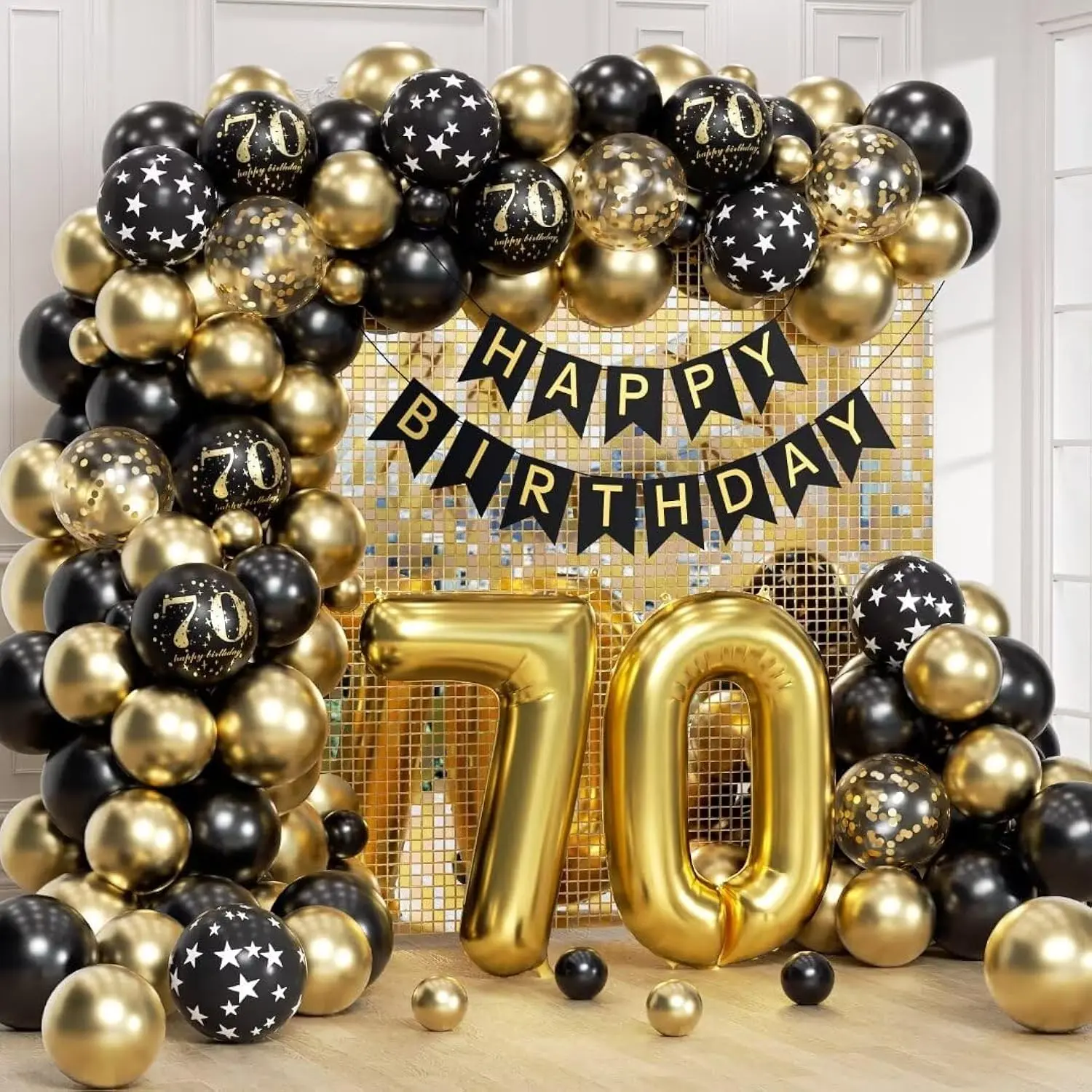 70th Birthday Party Decoration Kit for Men & Women with Banner, Number 70 Balloon & Black Gold Theme