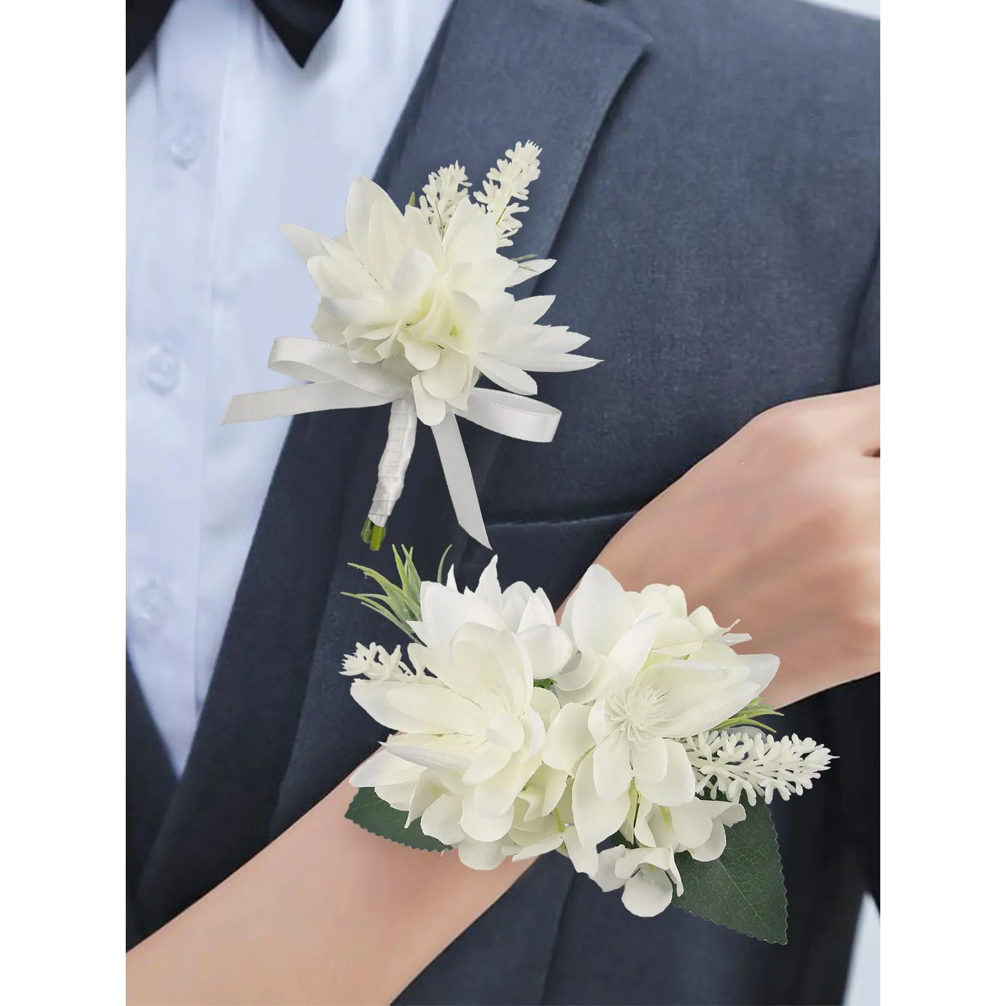 Rinlong Silk Floral Corsage and Boutonniere 2-Piece Set - White Orchid, Cacti Flowers, Compact, Thoughtful Craft Wedding Party Decor Supplies, Two Piece Set