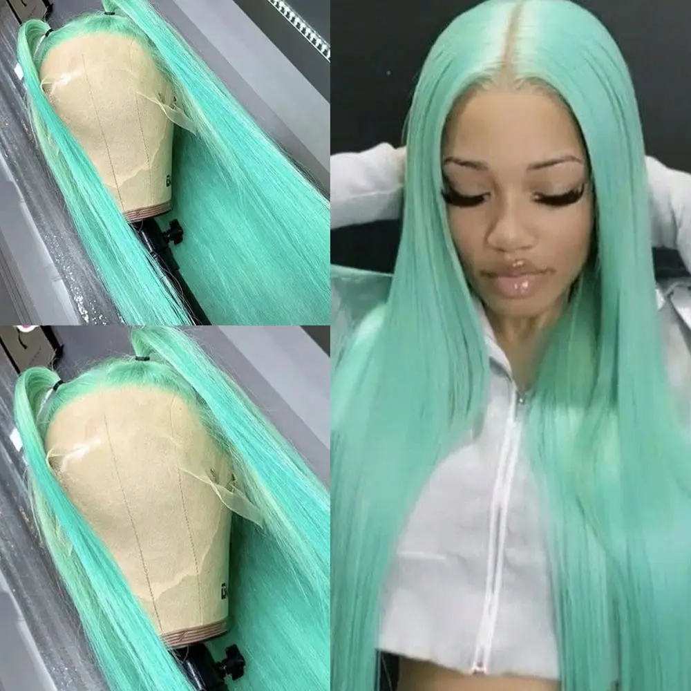 Teal Mint Green Long Straight Lace Front Wig Pre Plucked Hairline with Baby Hair Transparent Lace Heat Resistant Synthetic Wig Middle Part Colored Straight Wigs for Women Party Cosplay Daily Fashion