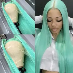 Teal Mint Green Long Straight Lace Front Wig Pre Plucked Hairline with Baby Hair Transparent Lace Heat Resistant Synthetic Wig Middle Part Colored Straight Wigs for Women Party Cosplay Daily Fashion