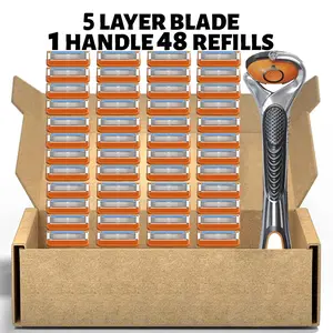 Men's Razor Blade Replacement Set, 48 Pcs Stainless Steel Razor Blades with 1 Handle, Sharp Handheld Razor for Men's Daily Grooming Razors Set