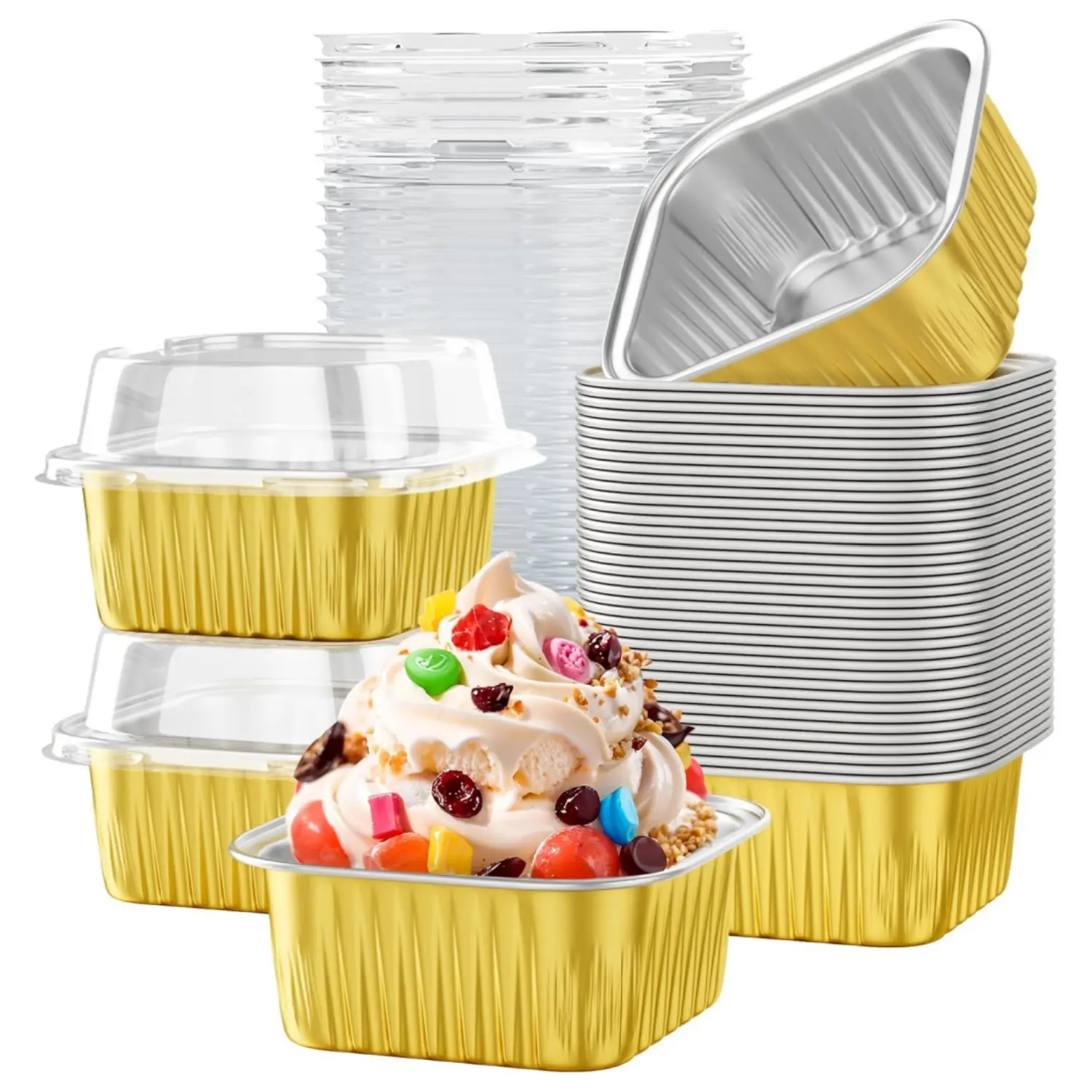 50-Pack Gold Disposable Square Aluminum Foil Traditional Bakeware Set - 5 oz Transparent Lidded Mini Cake Pans, Brownie Cups, Cupcake Cups, Custard & Flan Molds, Party-Ready Set for High-Temperature Baking, Wedding, Camping