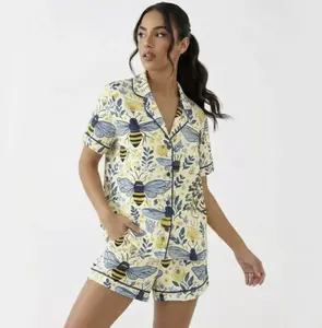 Bee Print Satin Pajama Set – Women’s Honey Bee Floral Sleepwear, Short Sleeve Shirt & Shorts, Cottagecore Spring Summer Loungewear
