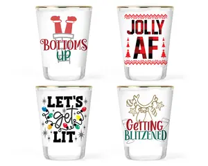 Christmas Shot Glass Set of 4 Jolly AF Let's Get Lit Bottoms Up Getting Blitzen Gold-Rimmed 1.5 oz Dishwasher Safe Party Favors for Celebrations