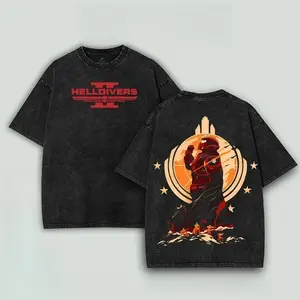 Helldivers 2 Fan Art Two Sided Printed Oversized T Shirt Heavyweight Cotton Acid Wash Baggy Casual Top Retro Vintage Streetwear Trendy Aesthetic Graphic Tee Comfortable Everyday Casual Wear Perfect Holiday Birthday Gift For Adult Gamers