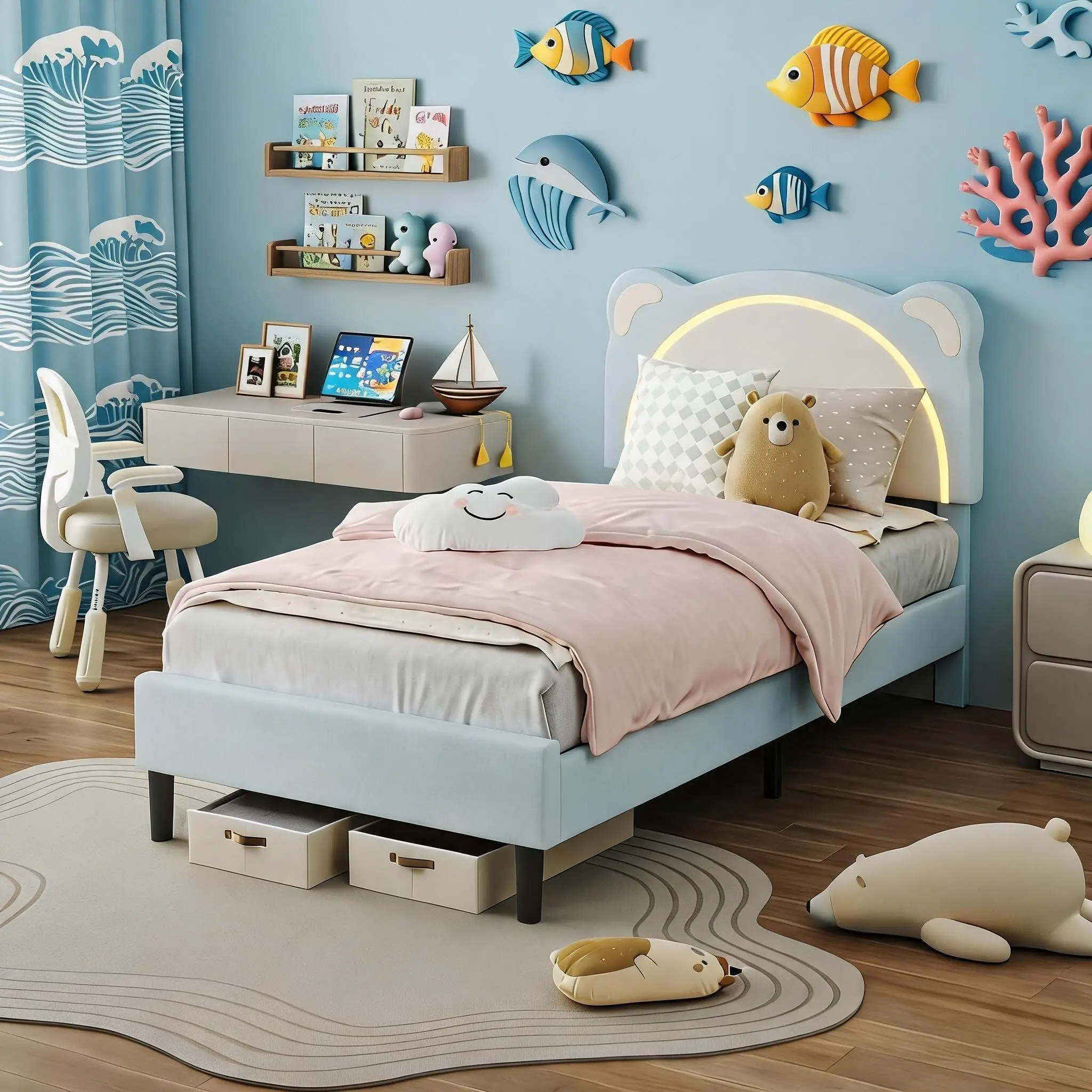 Garvee Bed Frame Twin XL Size, Cute Bear Ear Kids Bed Frames with LED Lights & Adjustable Velvet Upholstered Headboard, Children Room's Bed Frame for Boys/Girls, Sturdy Wood Slat Easy Assembly, Blue