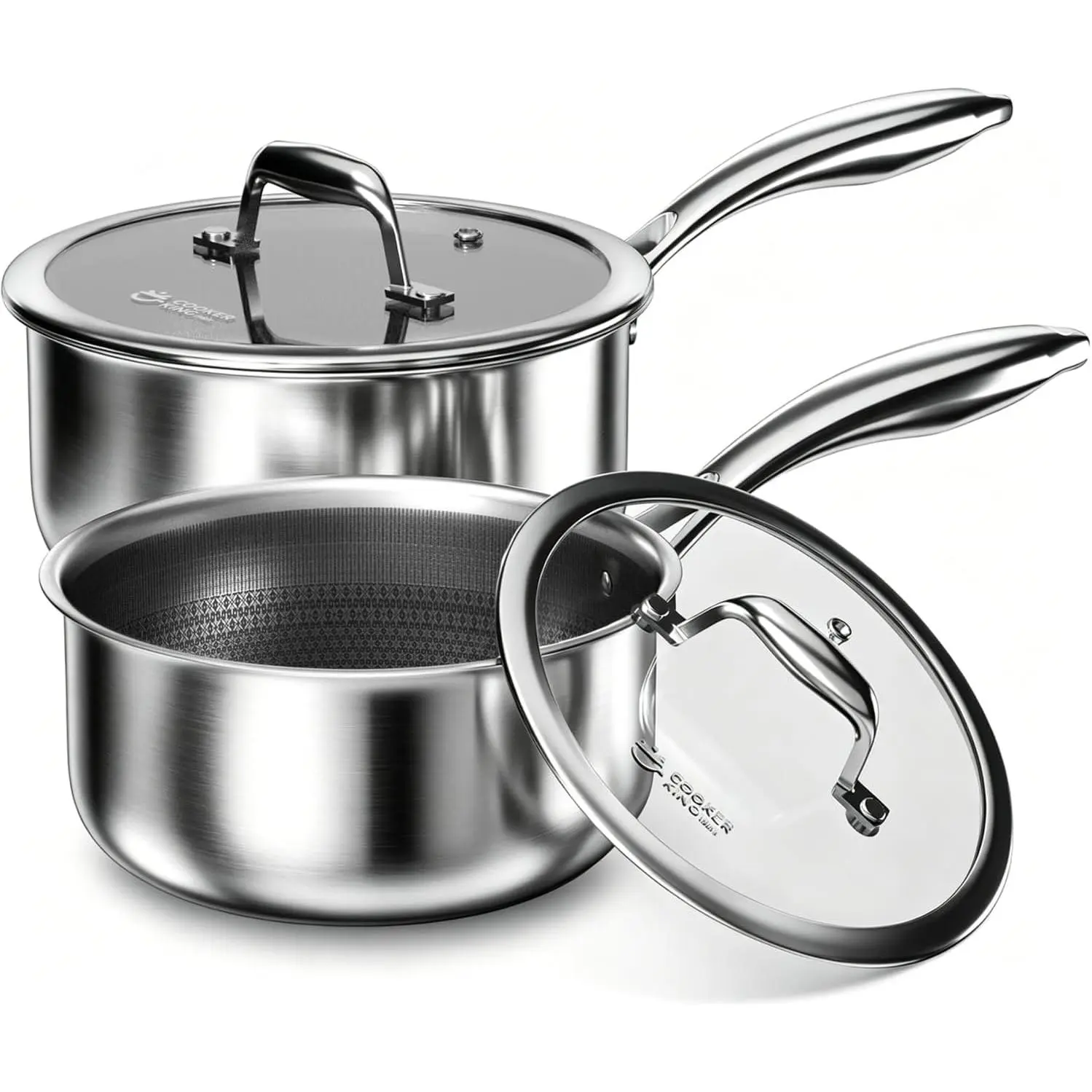 COOKER KING Anti-Adherent Healthy Non-Toxic Bioceramic Stovetop Cookware Set, Stainless Steel 1.5 QT & 2 QT Sauce Pans with Lids, Hybrid Ceramic Nonstick, Induction Compatible (PFAS/PFOA/PTFE Free), Anti-Adherent Cookware Sets, Healthy Cookware Sets