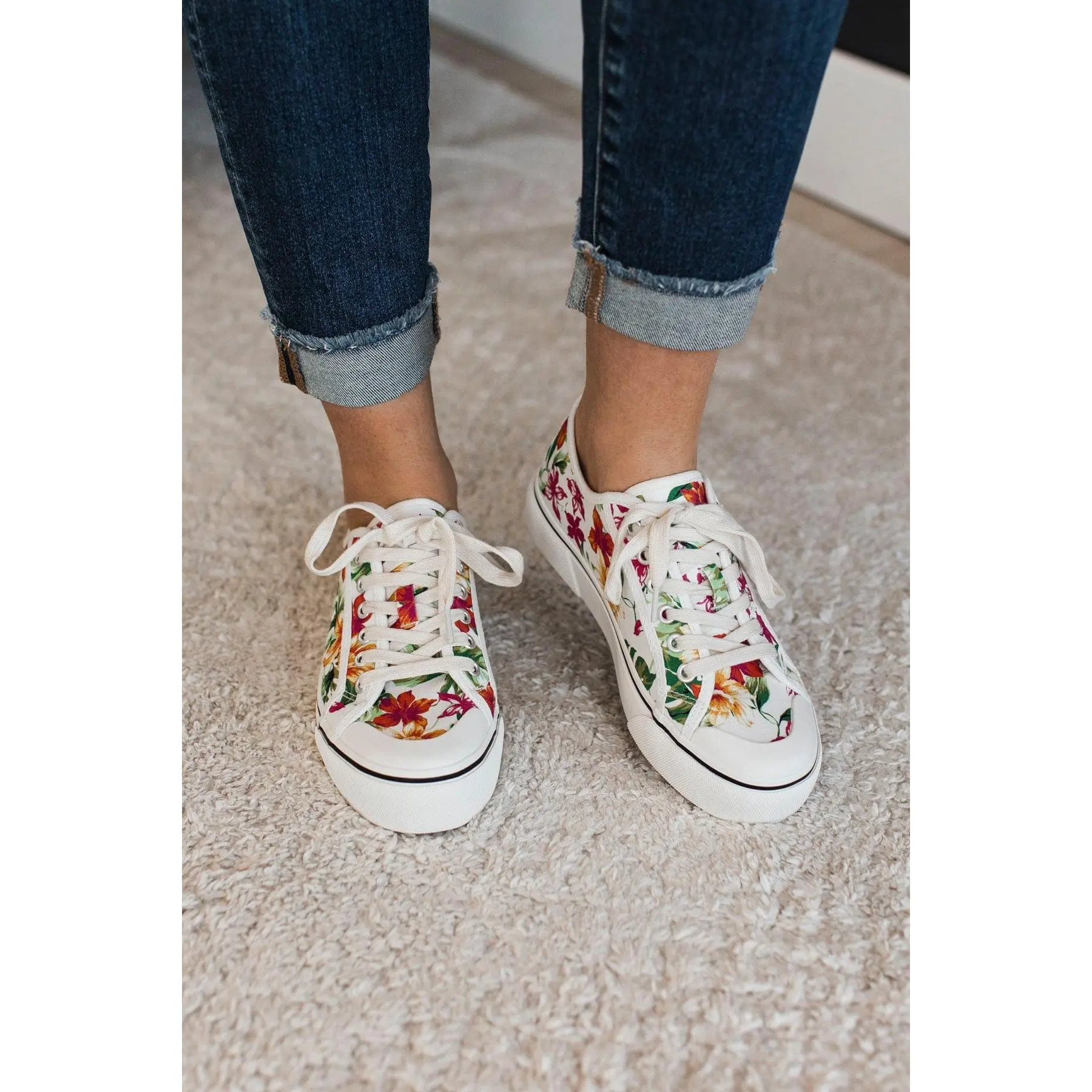 Women's Casual Footwear, Floral Print Canvas Lace-Up Trainer Shoe with a Lightly Cushioned Footbed, Floral Casual Trainers