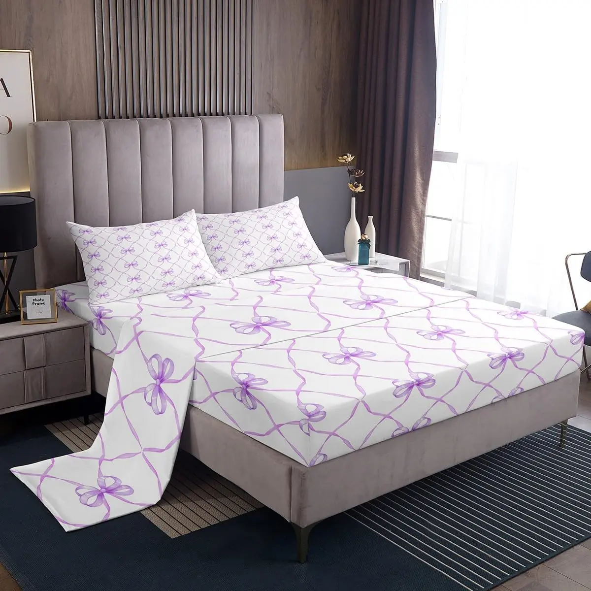 Bowknot Bed Sheets Set Bow Knot Sheet Set Butterfly Knot Bow Tie Sheets Aesthetic Coquette Bedroom Decor Geometric Cartoon Purple Flat Fitted Sheet