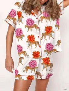 Chinoiserie Cheetah Satin Pajama Set For Women, Soft Breathable Summer Sleepwear