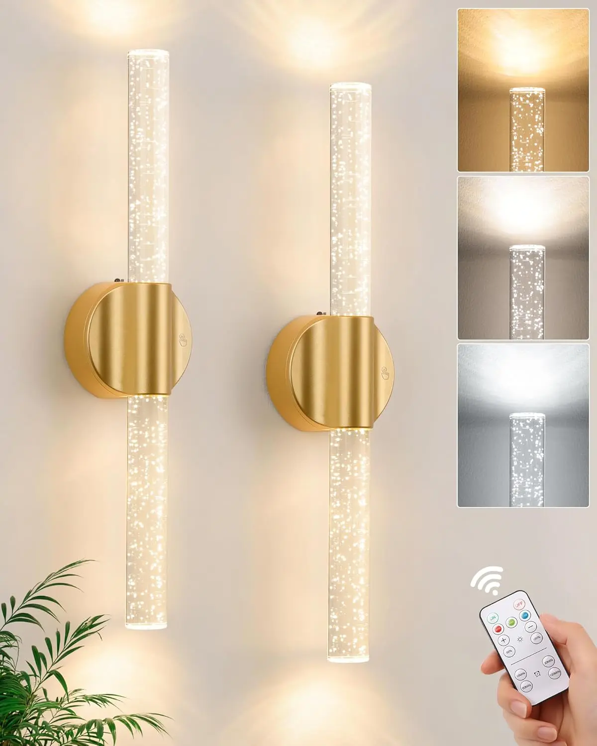 2pcs Set Gold Battery Operated Wall Sconces, Rechargeable Magnetic Linear Wall Lights for Bedroom, Wireless Sconces with Remote&Touch Control, 3CCT&Dimmable Wall Lamp for Living Room