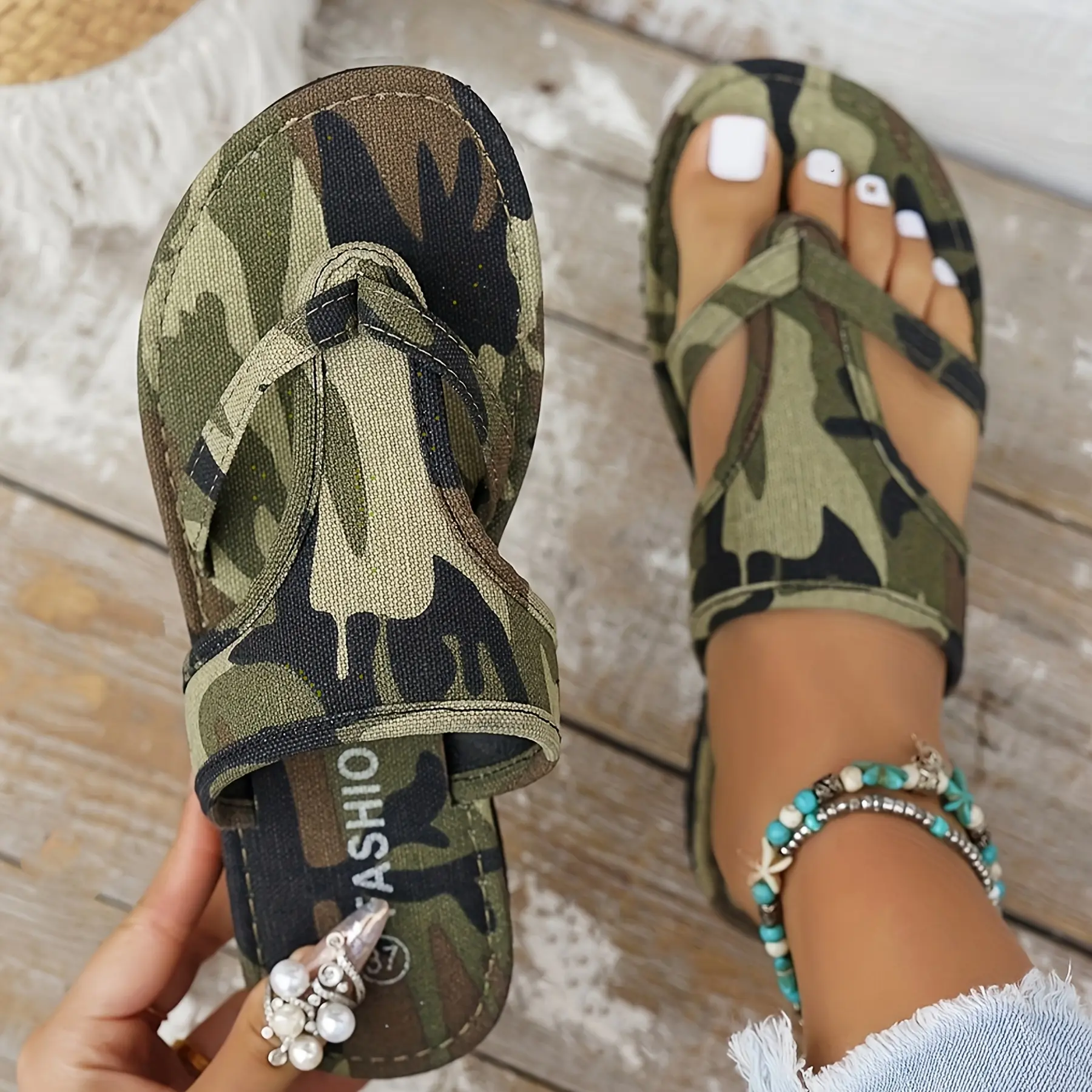 Women'S Flat Sandals, Military Green Camouflage Flat Sandals, Women'S Thick Sole Flip-Flop Sandals