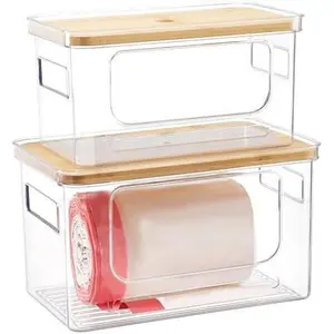 Goabroa Trash Bag Dispenser, 2 Pack Stackable Garbage Bag Holder with Bamboo Top, Clear Trash Bag Organizer Under Sink for Kitchen, Pantry, Cabinet, Laundry Room Storage and Organization