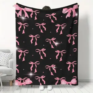 VIKAMA Black Pink Bow Flannel Blanket Ins Style Soft Throw for Best Friends Birthday Gift Mother's Day Home Decor Sofa Bed Cover All Season