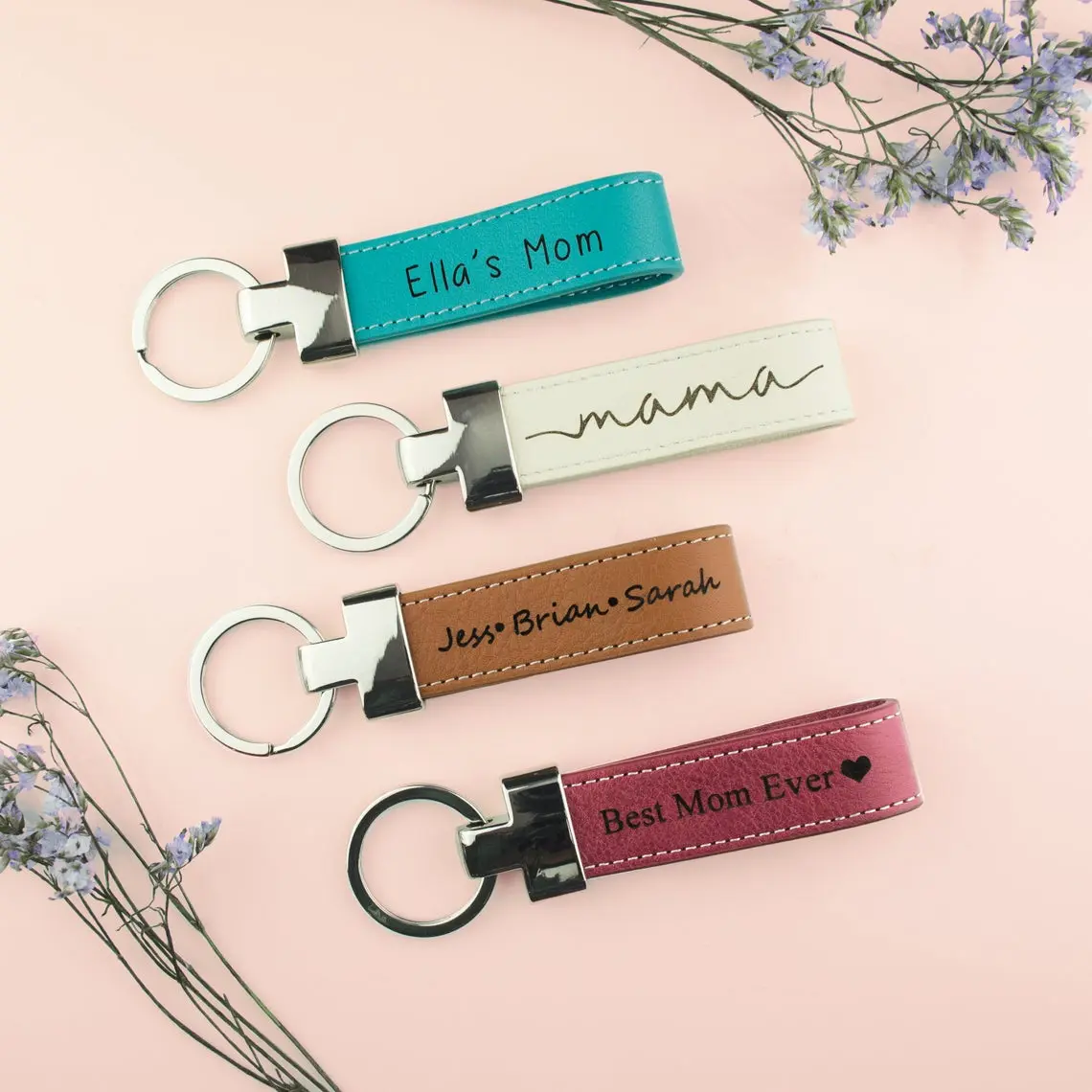Dainty Thin Leather Loop Keychain, Custom Engraved Name, Monogram, Address Key Fob, Personalized Leather Gifts for Women, Vacation Key Fob Gift