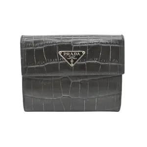 Pre-owned PRADA Leather Wallet | Dark Brown Crocodile Embossed Wallet