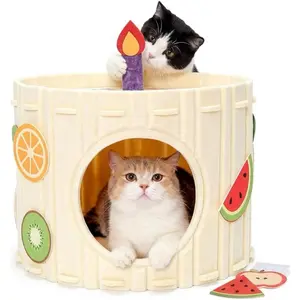 Cave for Indoor Cats, Felt  Bed Cave for Large Cats up to 22 Lbs, Scratch Resistant Hideaway Condo, Cozy Enclosed Kitten House with DIY Stickers