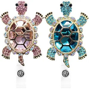 Cute Turtle Badge Reel with Rhinestones Animal Shaped Badges Retractable ID Card Holders for Nurse Teacher Worker Work Accessories